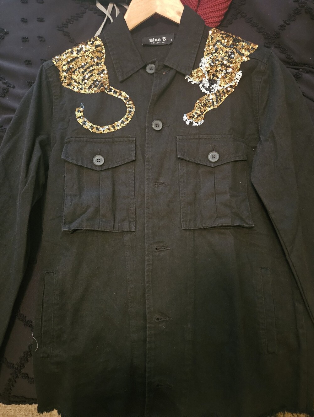 Women's Black Jean Jacket with Gold Sequin Tiger Accent